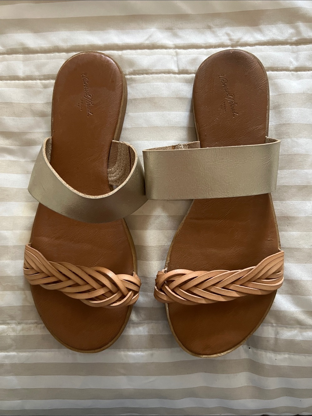 Braided Toe and Metallic Upper Slide Sandals - Tan and Gold